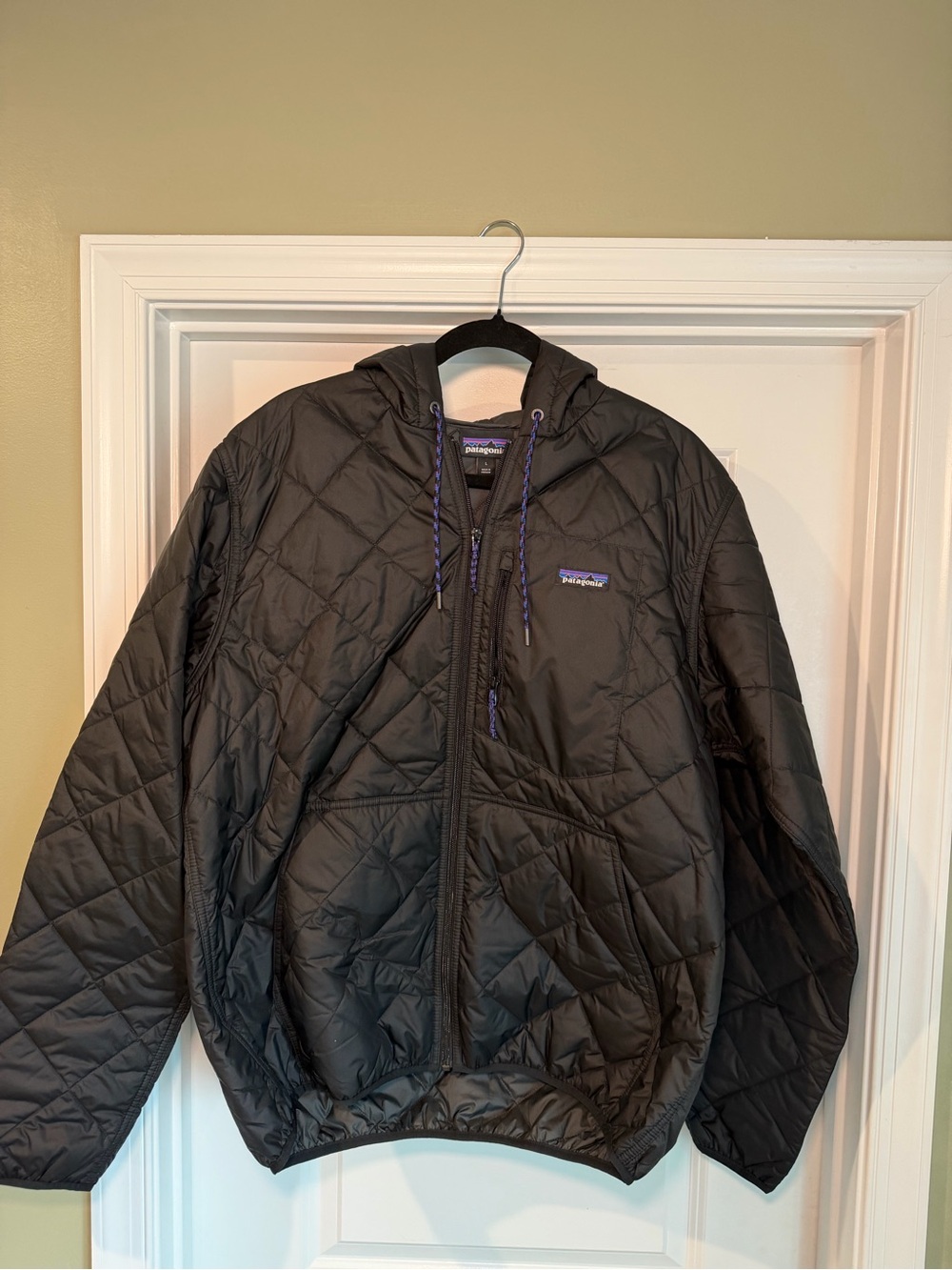 Patagonia Black Quilted Hooded Puffer Jacket with Purple Accents